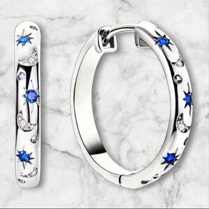 Silver and Blue Star Hoop Earrings